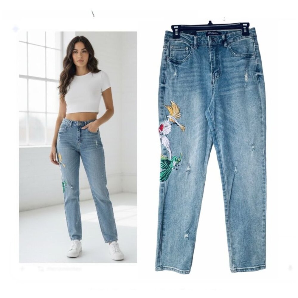 Women's Jeans Sz 7 April Mid Rise Skinny Bird Embroidery Medium Wash Denim Pants